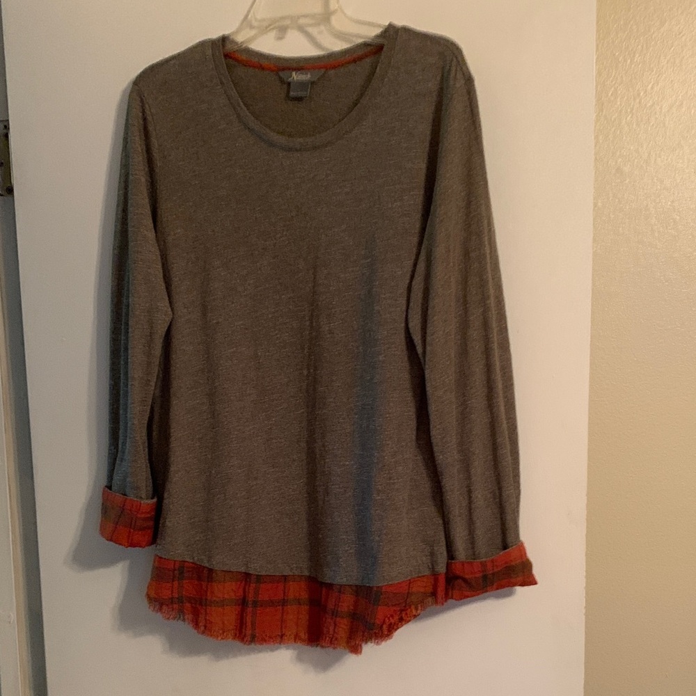 Natural Reflections Heather Olive Top with Orange Plaid Trim